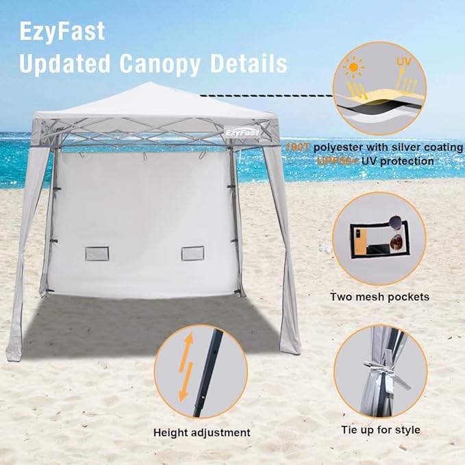 EzyFast Compact Pop Up Canopy Tent, Collapsible Instant Shelter,Portable Sports Cabana, with Built-in Weight Bags, 8 x 8 ft Base / 6 x 6 ft Top for Camping, Hiking, Picnic, Family Outings (Khaki)