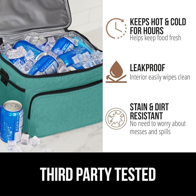 GORILLA GRIP Reusable Insulated Lunch Box Bag for Women Men, Large Leakproof Soft Cooler Bags, Multiple Compartments, Mesh Pockets, Adjustable Strap, Food Tote Keeps Drinks Cold, 8L, 10x9, Turquoise