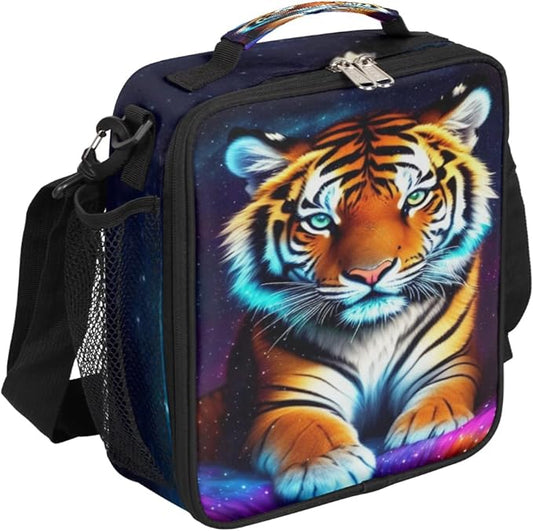 Galaxy Colorful Tiger Insulated Lunch Bag for Girls Boys Teen Cute Tiger Reusable Lunch Box with Shoulder Strap Freezable Thermal Cooler Bag Meal Prep Boxs for School Travel Picnic Beach Lunch Pail