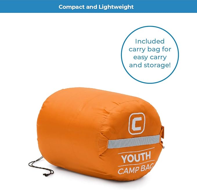 CORE 50 Degree Youth Sleeping Bag | Lightweight & Compact for Boys & Girls | Perfect for Indoor or Outdoor Use, Camping, Backpacking, Hiking, & Sleepovers | Ideal for Warm & Cooler 3 Season Weather