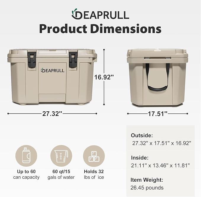 60 Quart Hard Cooler, Insulated Ice Chest Box Holds Ice for up to 6 Days, Portable Cooler with Nylon Rope Handles, Cup Holders, Double Latches for Camping Drink, Beach, Picnic, Fishing, Boat, Barbecue