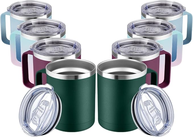 MEWAY 12oz Coffee Mug With Handle 2 Pack Bulk,Stainless Steel Insulated Travel Tumblers With Sliding Lid,Double Wall Vacuum Camping Cup for Hot & Cold Drinks Tea (Forest Green&Plum,Set of 8)