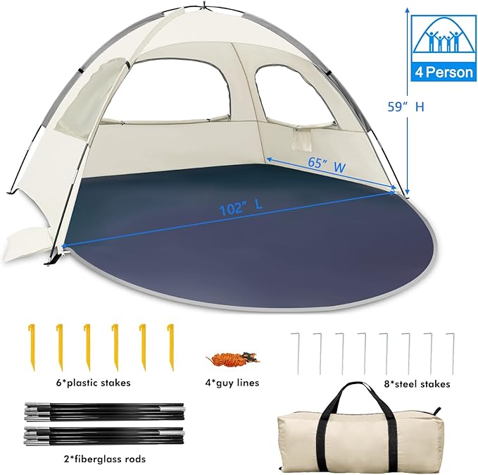WhiteFang Beach Tent Anti-UV Portable Sun Shade Shelter for 3/4/6/8 Person, Extendable Floor with 3 Ventilating Mesh Windows Plus Carrying Bag, Stakes and Guy Lines