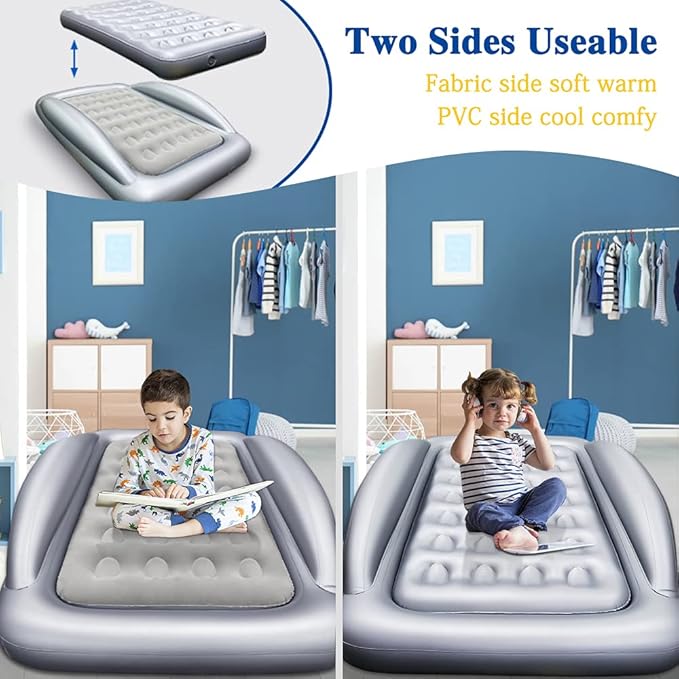 Inflatable Kids Travel Bed Toddler Air Mattress Set,Portable Blow Up Mattress Sleeping Bed Cot with Bed Rails and Electric Pump Ideal for Road Trip