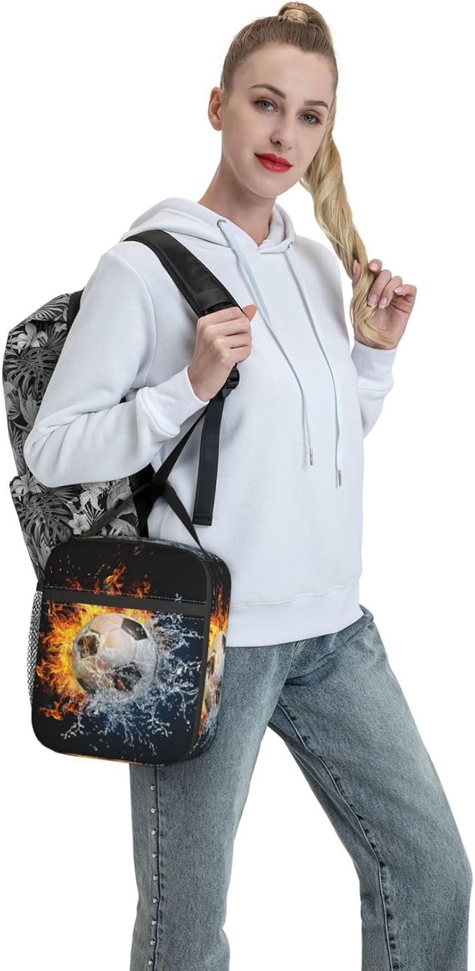 Insulated Durable Football Lunch Box with Shoulder Strap, Kids Adult Fire And Water Soccer School Lunch Bag, Lunch Tote Box Bag for Office School Picnic Beach Travel