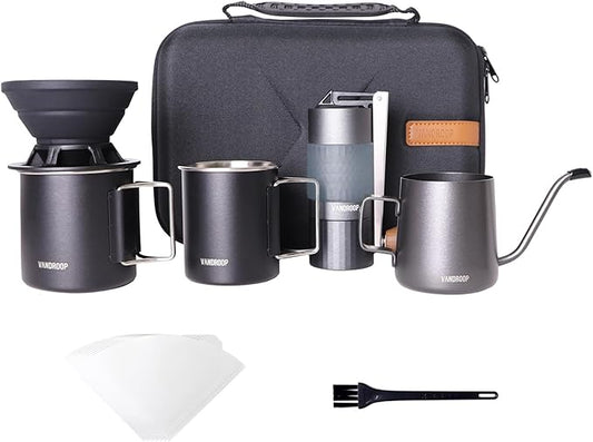 Pour Over Coffee Maker Set, ALL in 1 Portable Set- Manual Coffee Grinder with Stainless Steel Conical Burr, Collapsible Silicone Coffee Dripper Set, Coffee Gooseneck Kettle