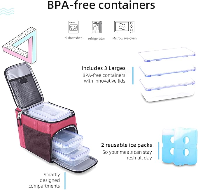 TOP&TOP Insulated Lunch Box and Cooler Bag for Women, Men - 13"L x 7"W x 9"H, 3 Reusable Meal Prep Containers, 2 Ice Packs, Detachable Shoulder Strap, Leakproof and Easy to Clean