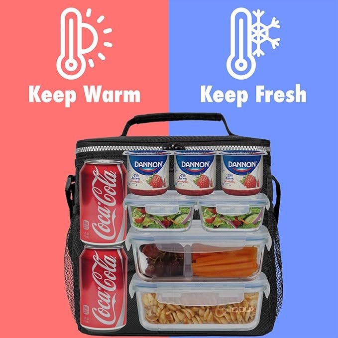 opux Insulated Lunch Bag for Men Women, Leakproof Black Lunch Box for Work, Portable Soft Lunch Cooler Bag with Shoulder Strap, Adult Lunchbox Lunch Pail for Kid Boy Girl School, 18 Can/10L