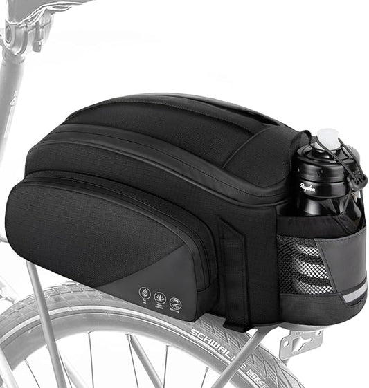WOTOW Rear Rack Bag, 12L Waterproof Reflective Bicycle Trunk Bag, Cycling Rear Seat Carrier Backseat Storage Luggage with Water Bottle Holder, Shoulder Strap for MTB Bike E-Bike