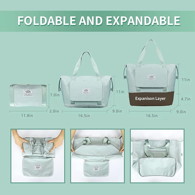 Expandable Travel Duffel Tote Bag - Foldable Overnight Weekender, Carry-On, Swim & Gym Bag - Fits Spirit Airlines Personal Item Size - Lightweight, Waterproof & Durable with Trolley Sleeve,Green
