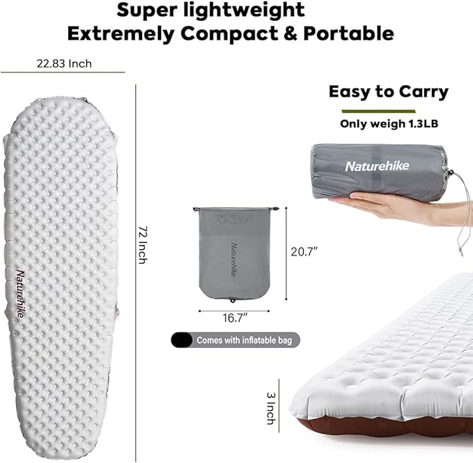 Naturehike 5.8/8.8 R-Value Camping Sleeping Pad,3.1"-4.7" Ultra-Thick,1-1.4LB Ultralight Camping Mat with Inflatable Bag,Backpacking Inflatable Foam Camping Mat for Car,Hiking