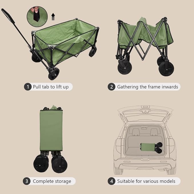 Folding Portable Large Sturdy Camping Wagon Carts, Utility Grocery Shopping Cart, Garden Farm Transport Cart, 360°Swivel Wheels & Brakers, Green