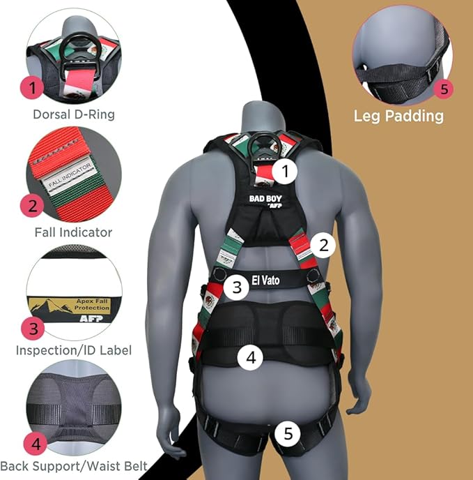 AFP Fall Protection Full-Body Premium Safety Harness, 8” Thick Support Belt, Aluminum D-Rings, Tongue Buckle (OSHA/ANSI PPE)