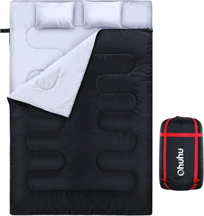 Ohuhu Double Sleeping Bag for Adults with 2 Pillows, Queen Size Two Person Sleeping Bag for Camping Hiking Backpacking 2 Person Sleeping Bags for Cold Weather & Warm