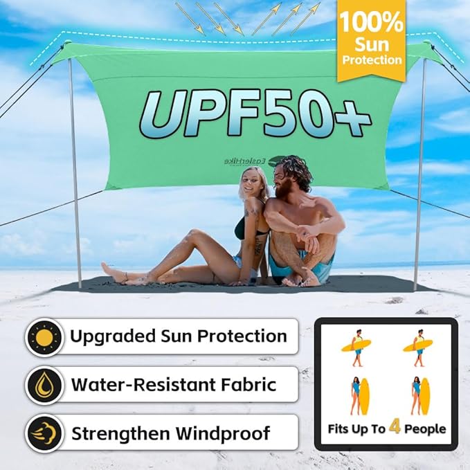 Beach Shade Tent, Portable Easy Pop Up Beach Canopy, UPF50+ Sun Protection Shelter, Windproof & Water Resistant, Perfect for Family
