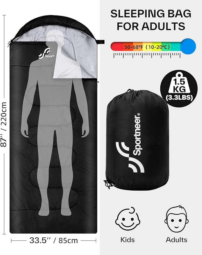 Sportneer Sleeping Bags for Adults, Warm & Cold Weather Sleeping Bag for Adults Kids Boys Girls - Lightweight Compact Camping Gear Equipment, Traveling, Backpacking, Hiking