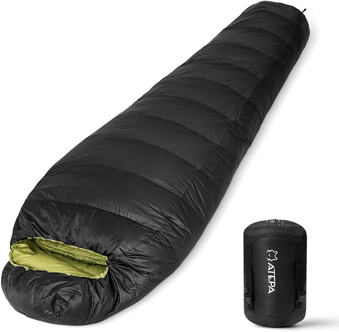 ATEPA Down Sleeping Bag for Adults, 650FP Recycled Mummy Cold Weather Ultralight 3 Season Waterproof Compact Packable Sleeping Bag with Stuff Sack & 15D Nylon Shell for Backpacking Camping Hiking