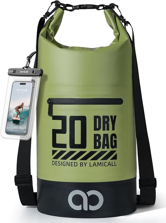 Lamicall Dry Bag Waterproof Backpack - [Zippered Pocket] 10L/20L Roll Top Waterproof Bag with Water proof Phone Case, Floatable Drybag for Swimming, Boating, Kayaking, Camping, Beach