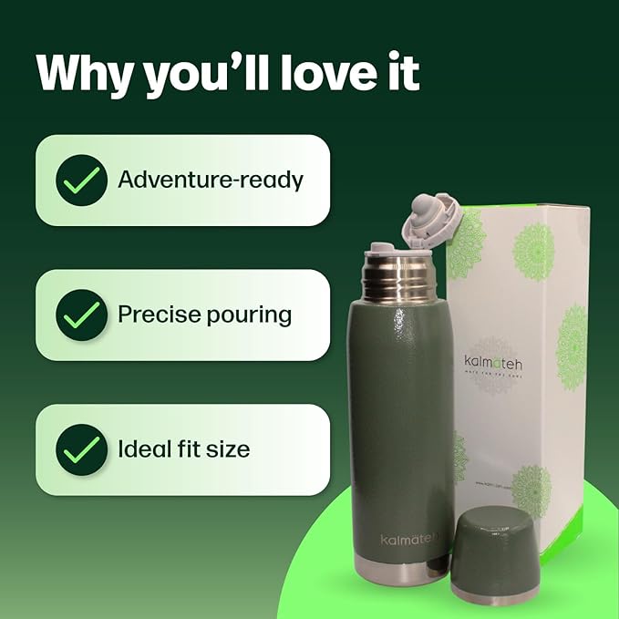 KALMATEH Thermal Double Walled Vacuum Insulated Stainless Steel Beverage Bottle 760ml, Precise Pouring & Heat Retention For Coffee, Tea, Yerba Mate and Camping