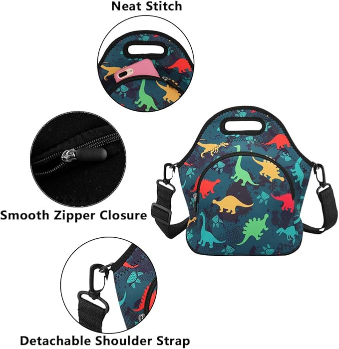Violet Mist Neoprene Lunch Bag Insulated Lunch Bag Tote Cute Dinosaur Large Thermal Lunchbags with Extra Pocket Detachable Adjustable Shoulder Strap Lunchbox Food Handbags Gifts for Women Men Adult