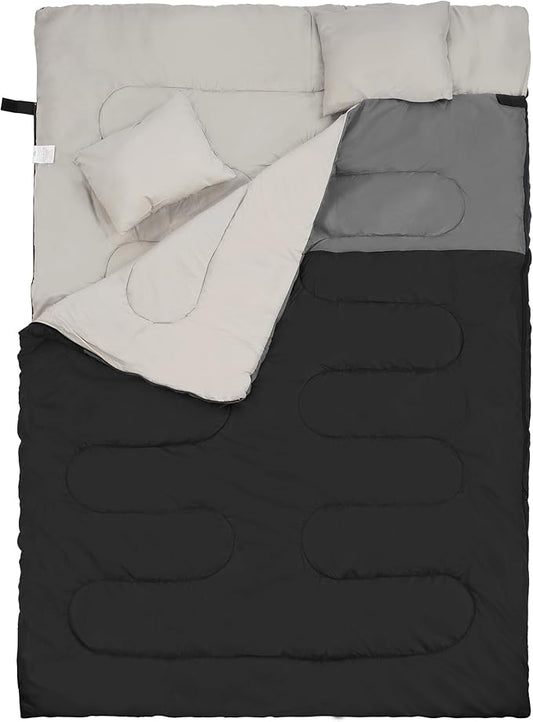 Double Sleeping Bag with 2 Pillows for Adults, Queen Size XL Sleeping Bag Waterproof, Compact with Compression Sack, 2 Person Sleeping Bags for 3-4 Seasons Camping, Backpacking, Hiking, Travel