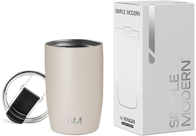 Simple Modern Travel Coffee Mug Tumbler with Flip Lid | Reusable Insulated Stainless Steel Cold Brew Iced Coffee Cup Thermos | Gifts for Women Men Him Her | Voyager Collection | 12oz | Almond Birch
