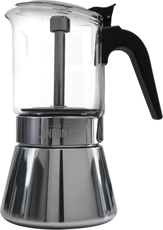 London Sip Glass and Stainless Steel Stovetop Espresso Maker Moka Pot Italian Coffee Percolator, Glass, Small (5.07 oz)