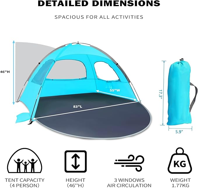 Beach Tent for 3-4 People, UPF50+ Sun Shelter with Breathable 3-Way Ventilation, 8.0mm Reinforced Fiberglass Poles, Portable Shade Canopy for Beach & Camping (Green)