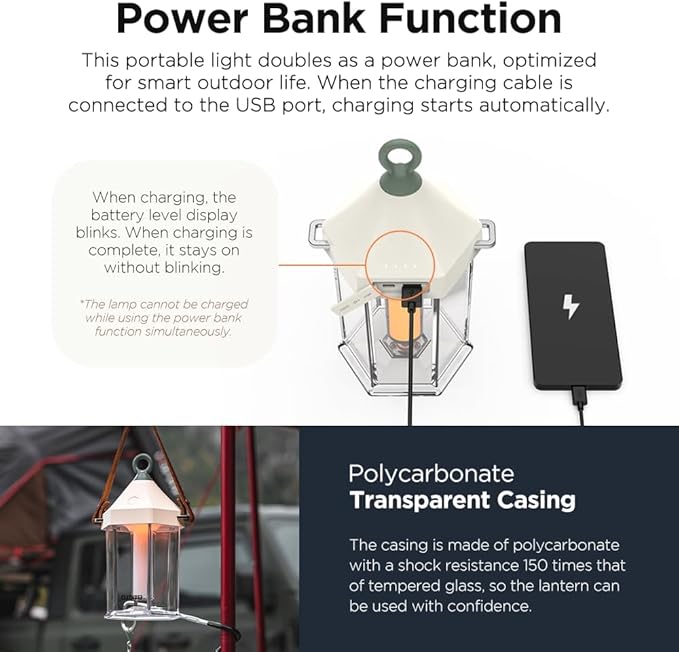 CLAYMORE Cabin Lamp (Ivory) - Aesthetic Portable Lantern for Outdoor Glamping, Camping, Events, Parties & Tents. USB-C Charging, Power Bank Function, Up to 55 Hours Battery Life, 3 Light Modes.