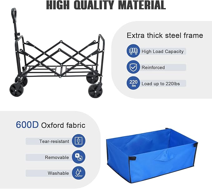 Collapsible Foldable Wagon,Wagons Carts Foldable with Wheels,Utility Grocery Folding Beach Wagon for Sand Garden Sports Shopping Outdoor(Lake Blue).