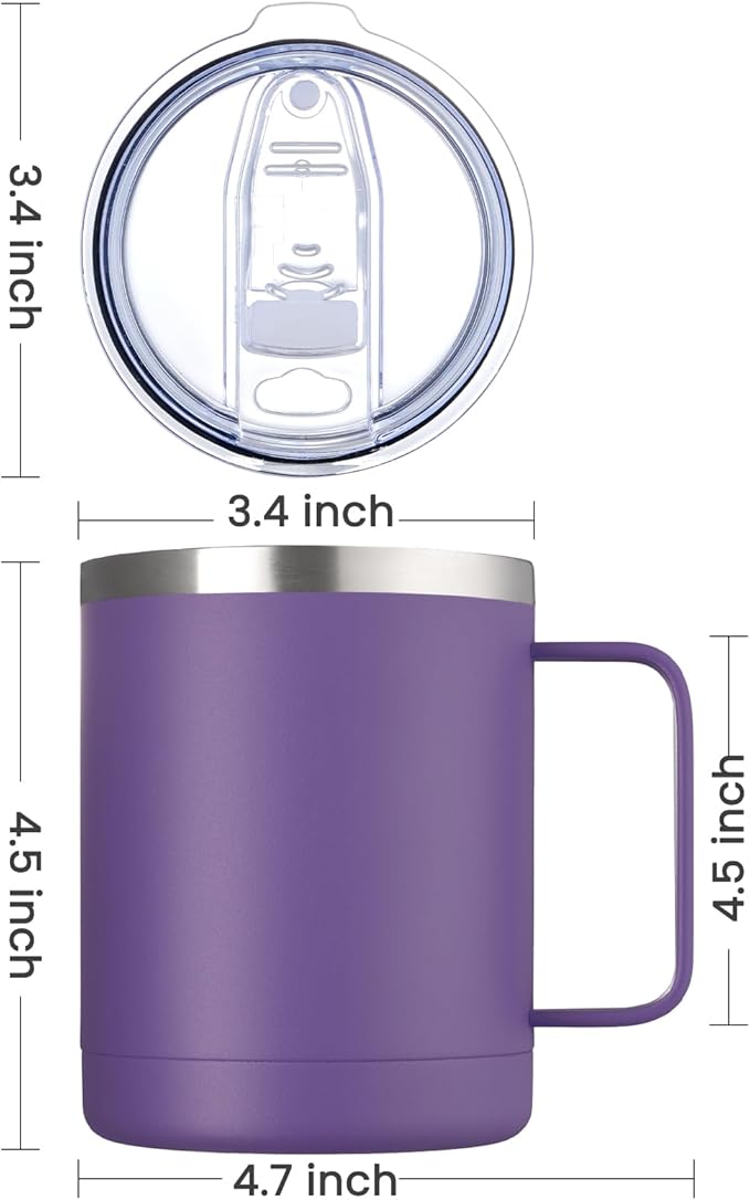 MEWAY 12oz Coffee Mug With Handle 8 Pack Bulk,Stainless Steel Insulated Travel Tumblers With Sliding Lid,Double Wall Vacuum Camping Cup for Hot & Cold Drinks Tea (Purple,Set of 8)