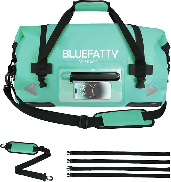 Waterproof Motorcycle Duffel Bag Roll Top Dry Duffel Bag with Quick-fixed Straps for Rafting, Boating, Kayaking, Travel, 50L(Ocean Green)