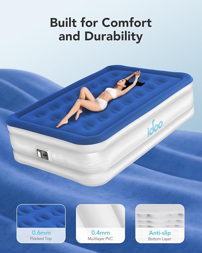 iDOO Air Mattress Full with Built in Pump, Blow up Mattress Full Size, Upgraded Inflatable Mattress for Camping Home and Guest Bed, Fast Inflation, Comfort Portable Air Bed, Colchones Inflables