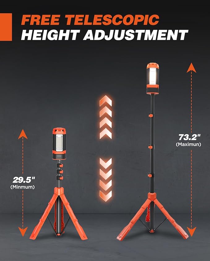 Saker Portable Camping Light with Stand 73.2" Rechargeable Work Light 800/3200 Lumen 4000/6500K Dimmable Camping Light for Outdoor Work, Power Outages, Fishing LD10 Orange