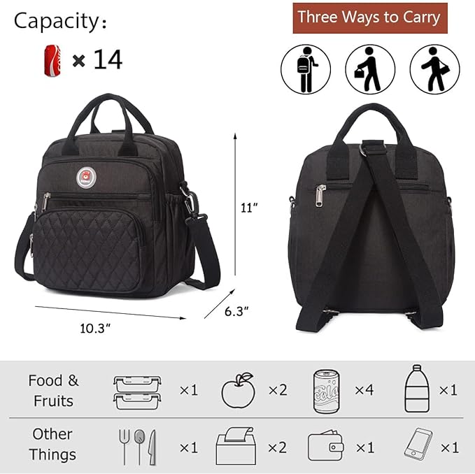 Insulated Lunch Bag Backpack for Women/Men, 3 carrying way Lunch Tote, Large Waterproof Cooler Box with Side pockets for Adults, College, Work, Beach, Picnic, Black