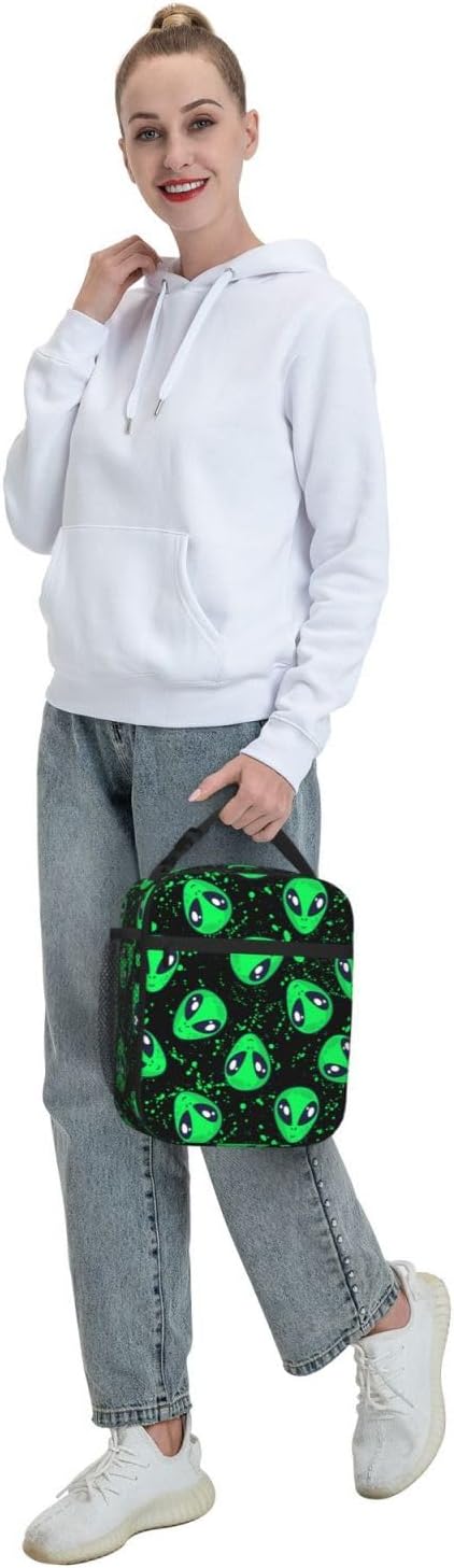 Green Alien Fun Insulated Lunch Bag Reusable Cooler Lunch Box Portable Leakproof Thermal Container Tote Bags for Girls Boys School Travel