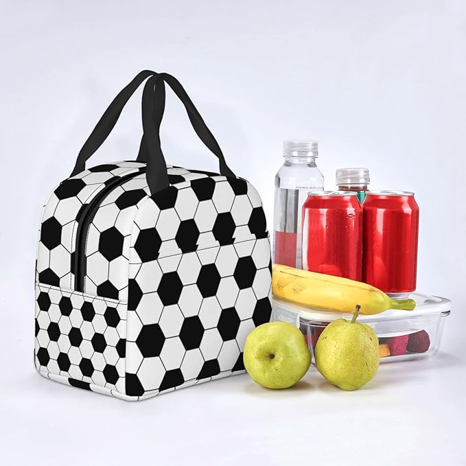 VOOHDDY Football Soccer Ball Black White Insulated Lunch Bag For Men Women Reusable Lunch Box Container Waterproof Portable Cooler Thermal Tote Bag For Work Office Picnic Beach Travel