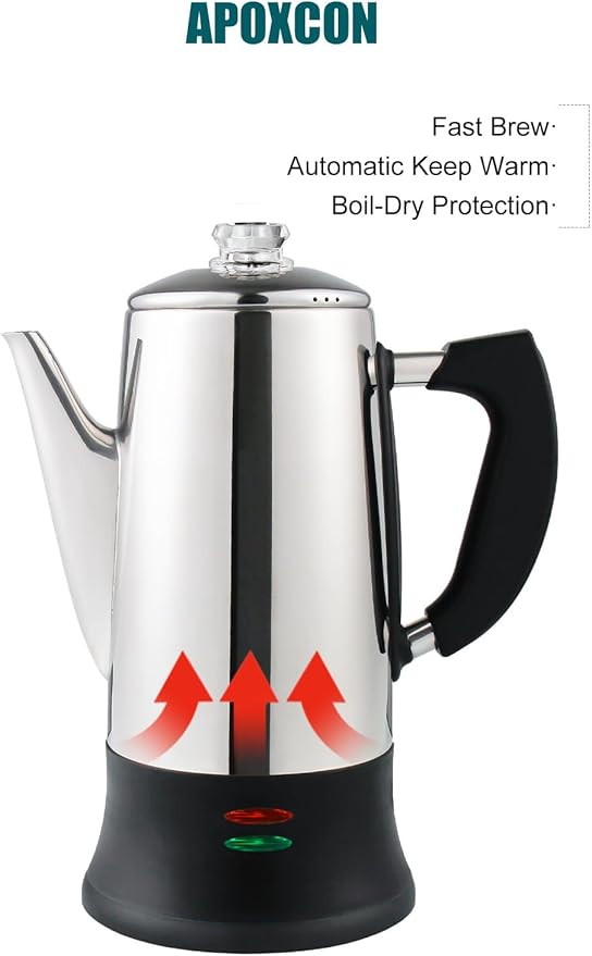 Electric Coffee Percolator Stainless Steel Coffee Maker with Two Heat Resistant Tough Glass Clear Brew Progress Knob Classic Look Keep Warm & Cordless Serving Coffee Pot 12 Cup