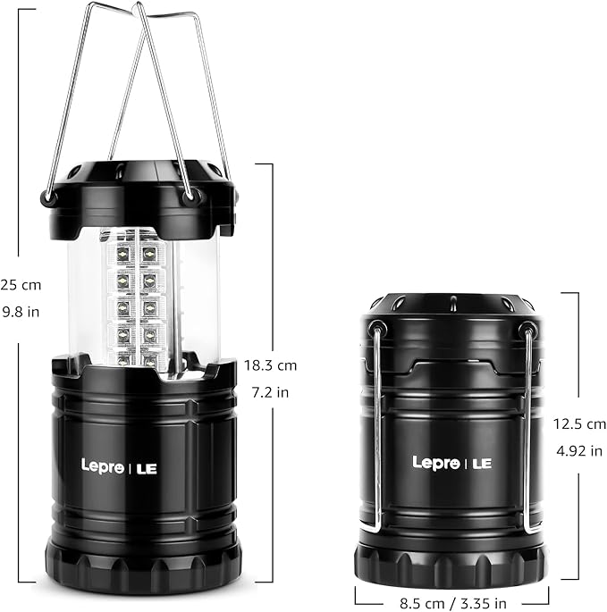 Lepro LED Camping Lantern, Super Bright, Battery Powered, IPX4 Water Resistant, Portable Emergency Lights for Hurricane, Storms, Outages, Collapsible, 2 Packs