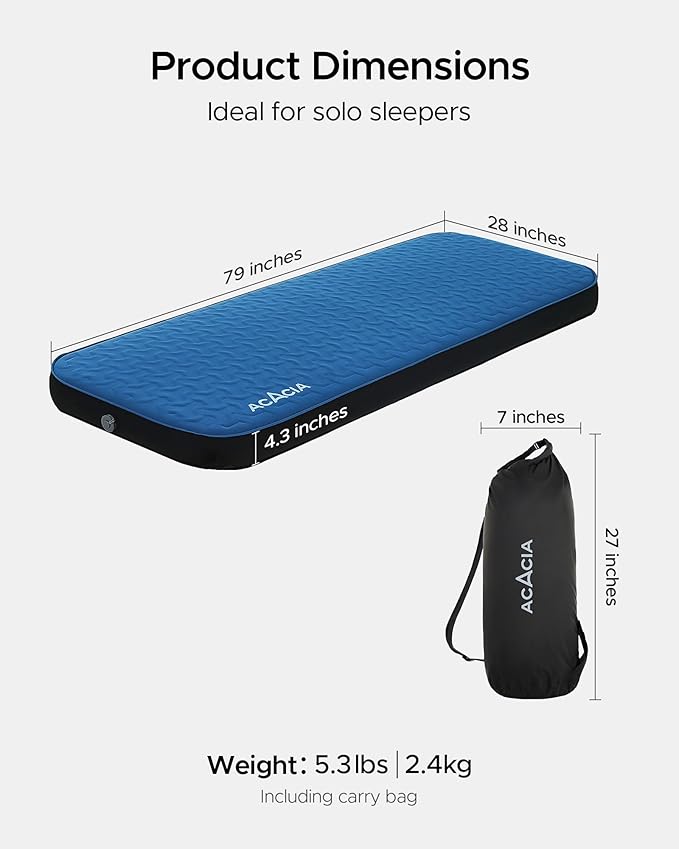 ACACIA 4.3" Thick Self Inflating Sleeping Pad with Foam | Innovative Y-Shaped Telescopic Structure | Ultraportable Camping Mattress | Outdoor Compact Air Mat for Tent Car |