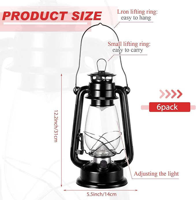 Hortsun 6 Pcs Black Vintage LED Camping Lanterns Warm LEDs and Dimmer Switch Battery Operated Metal Hurricane Farmers Hanging Lantern for Indoor Outdoor Usage Decor (12 Inch)