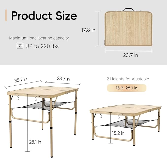 3FT Camping Table 2 Adjustable Height Portable Lightweight Surface Aluminum Fold Up Stand for Picnic,Beach BBQ,Cooking, Outdoor & Indoor