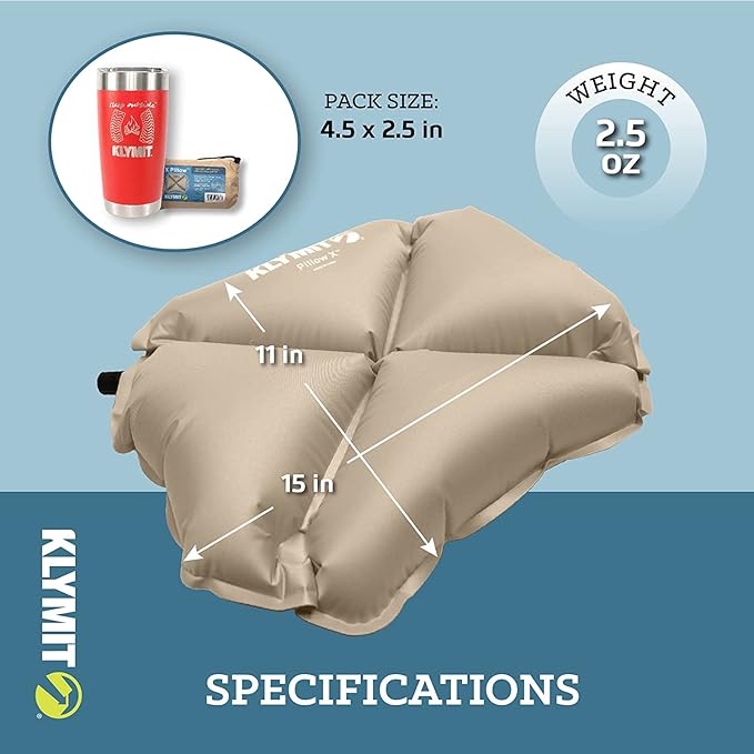 Klymit Pillow X Travel Pillow, Lightweight Inflatable Hybrid Airplane, Backpacking, Hammock, and Camping Pillow