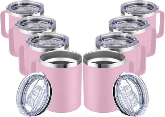 MEWAY 12oz Coffee Mug With Handle and Sliding Lid,Stainless Steel Travel Tumbler Cup with Handle,Double Wall Vacuum Insulated Camping Cup for Hot & Cold Drinks Tea (Pink,Set of 8)