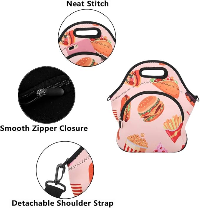 Violet Mist Neoprene Thermal Insulated Lunch Bag Tote Large with Extra Pocket Detachable Adjustable Shoulder Lunchbox Handbags Women men, Hamburger