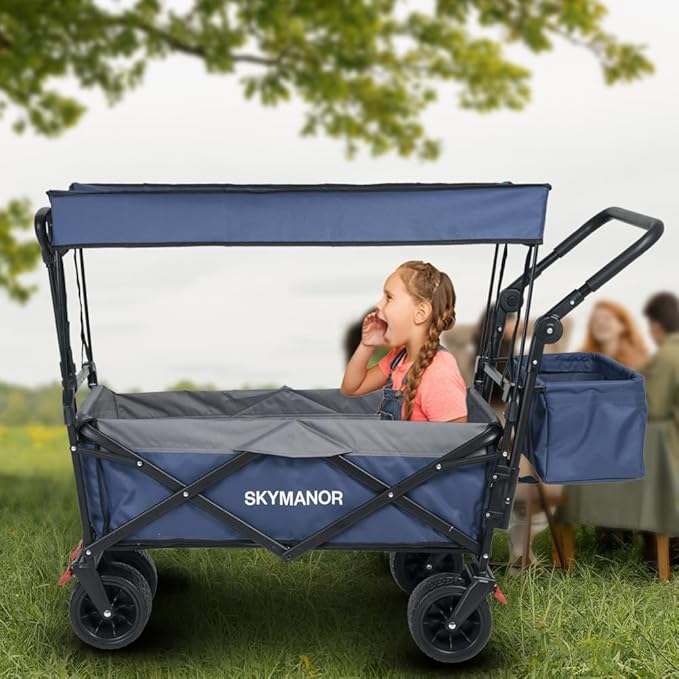 Collapsible Wagon with Removable Canopy, 3-in-1 Heavy Duty Garden Cart with Big All-Terrain Wheels, Brakes, Adjustable Push Pull Handle, Cooler Bag, 300LBS Wagon Cart for Camping (Blue)