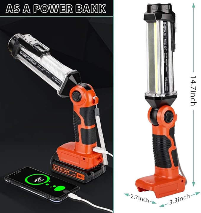 Cordless LED Work Light for Black & Decker 20V Li-ion Battery, 35W 2000LM Outdoor Flashlight Portable Camping Lanterns for Car Repairing, Job Site Lighting, Emergency