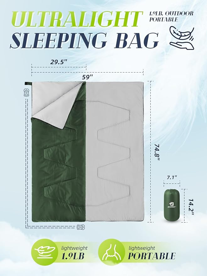 Bessport Lightweight Sleeping Bag, Ultralight Backpacking Sleeping Bag, 3 Season Waterproof for Adults Kids, Outdoor, Hiking, Camping