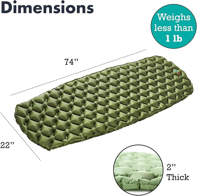 Ultralight Sleeping Pad - Inflatable Sleeping Mat for Camping, Hiking, Backpacking - 74x22 Inches Compact Air Mattress, Waterproof Gear for Travel Outdoors - Green