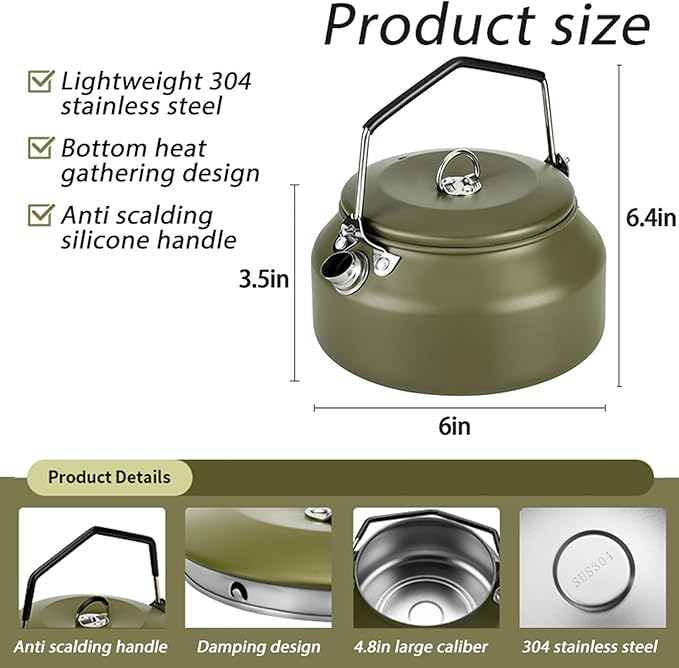 Camping Kettle Camp Tea Coffee Pot, 1L Stainless Steel Outdoor Campfire Camp kettle, Portable Lightweight Teapot Fast Heating Boiling Water, Ideal for Hiking Picnic Travel, Green
